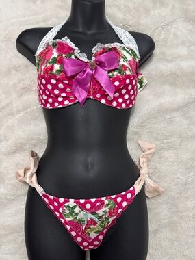 House of Smooch | Fuchsia Polka Dot & Floral Bikini with Satin Bow | O/S | NWOT
